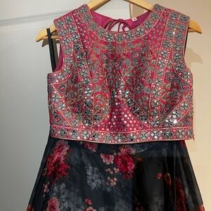 Embellished Pink and Gray Floral Lehenga